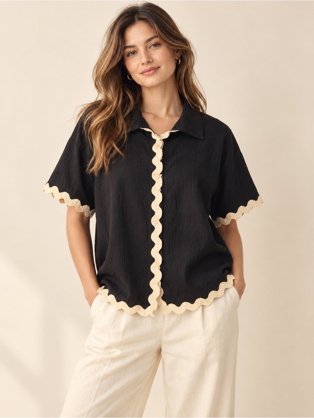 Black Cotton Oversized Button Down Shirt Cream Ric Rac Trim Large